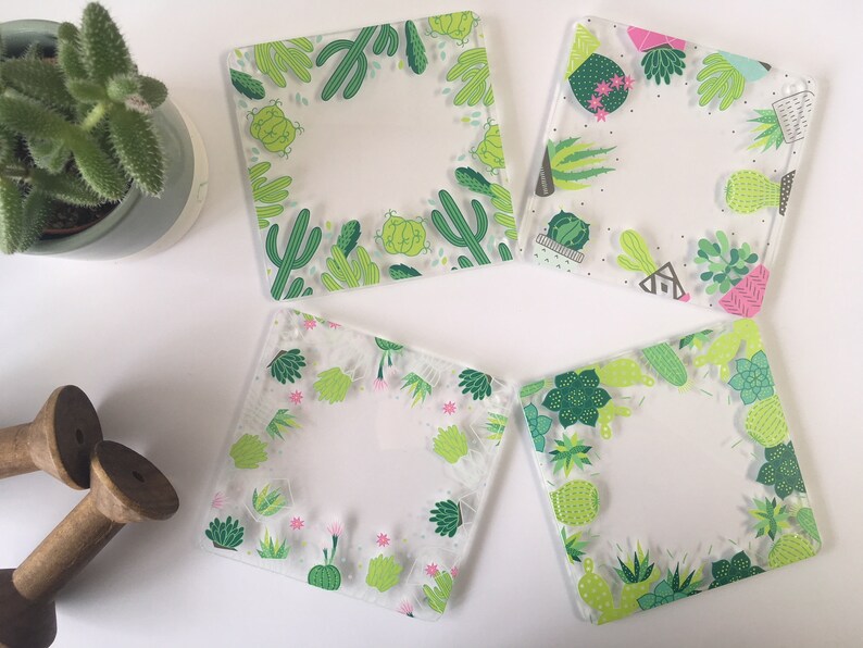 Acrylic Cactus Succulent Coasters Choice of 4 designs or choose a whole set Home Decor Drinks Accessories Gift Present DD559