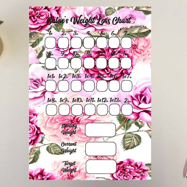 Downloadable  Weight loss Chart Tracker Slimming Goal Watchers Journey Record Planner Reward Chart 1-10 Stone Rose Floral