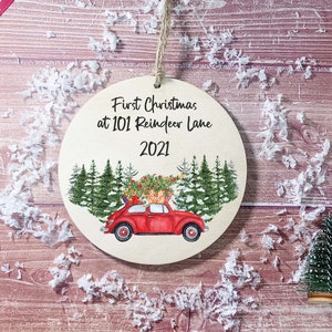 Personalised Christmas Ornament / First Christmas in our new home red car /