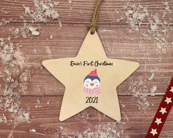 Star Hanging Decoration / Penguin / Baby's first Christmas ornament / First Christmas bauble / Personalised bauble / light wood /