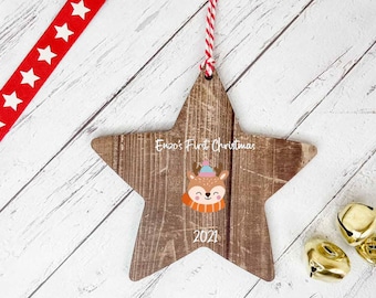 Star Hanging Decoration / Deer / Baby's first Christmas ornament / Personalised First Christmas bauble / Babys first Xmas dark wood /