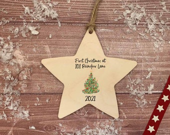 Star Hanging Decoration / Tree / First Christmas in our new home ornament / Personalised bauble / light wood Christmas 2021 /