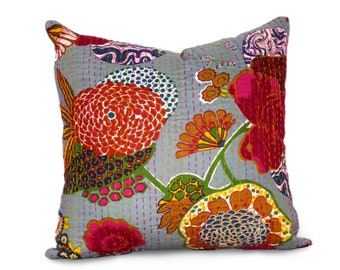 Indian cushion cover / grey kantha pillow covers 20x20 / throw pillow cover 28x28 / 26x26 quilted pillowcase