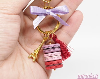 Pink Purple Macarons Key Chain & Red Tassels • Eiffel Tower Charm • Bag Purse Keyring • Stacked Macarons • Handmade Polymer Clay Jewelry