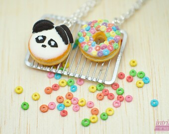 Panda koekjes en regenboog fruit graan donut charme * miniatuur ontbijt eten hanger ketting * polymeer klei sieraden