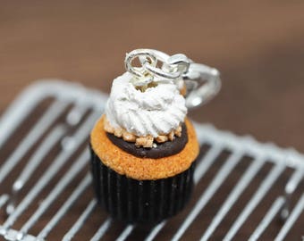 S'mores Chocolate Graham Miniature Cupcake Charm * Cupcake Pendant Necklace * Clip on Accessories * Mini Kawaii Polymer Clay Food Jewelry *