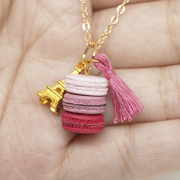 Miniature Français Macarons Charm Pendentif Pink Tassel Necklace • Eiffel Tower Charm • Polymer Clay Jewelry •