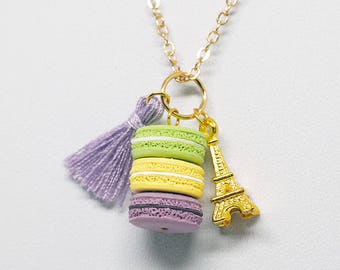 Miniature Macaron Charm Necklace • French Macaron Pendant Necklace with Purple Tassel Necklace and Eiffel Tower • Polymer Clay Jewelry •