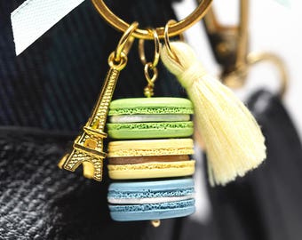 Macarons Gold Key ring & Yellow Tassels • Handmade Miniature Polymer Clay Jewelry • Eiffel Tower • Cute Macaron Charm Key chain