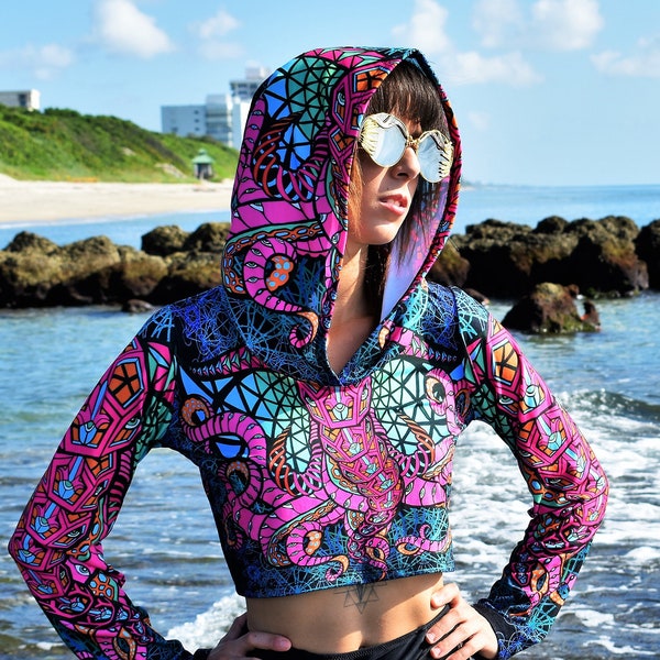 Pink OctoPhant Crop Hoodie: Psychedelic, Geometric, Festival Hoodie, Rave Wear, Cropped Pullover Hoodie, Trippy Hoodie, Music Festival