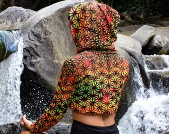 Fuego Flowers Crop Hoodie: Psychédélique, Géométrique, Festival Hoodie, Rave Wear, Heady, Cropped Pullover Hoodie, Trippy Hoodie, Festival de musique