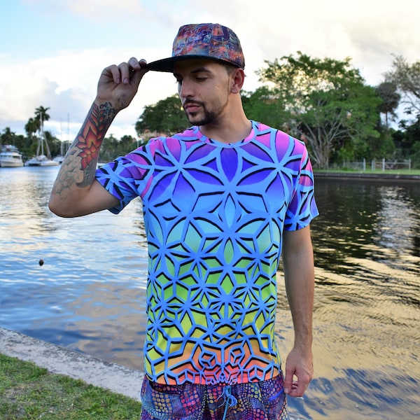 Cubeometry Men's Trippy T-Shirt: Scared Geometry, Psychedelic, Mens Rave Wear, Heady, Mens Streetwear, Festival T-Shirt, Mens Activewear