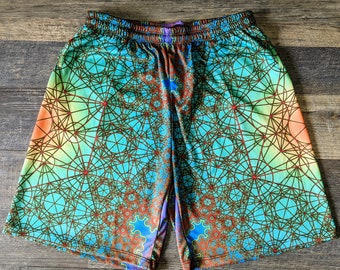 Fractal Metatron EarthStyle Gym Shorts: Mens Festival Shorts, Psychedelic, Yoga Shorts, Burning Man, Geometric, Heady, Trippy Shorts, Rave