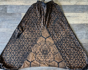 Sri Yantra Honeycomb Cotton Harem Pants: Sacred Geometry, Flow Arts Apparel, Festival Pants, Yoga Wear, Boho, Drop Crotch, Aladdin Pants