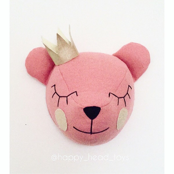 Princess Bear - head wall mount. Kids room, baby room, nursery decor. Wall mount animal head. Dusty pink color wool fabric