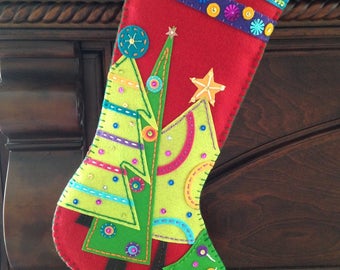 Finished Christmas Stocking, Finished Dimensions "Festive Trees" Stocking, Fully Lined, Heirloom Stocking, Finished Bucilla Stocking, Felt