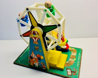 Vintage Fisher Price Little People Music Box 'Ferris Wheel' #969 With 4 Wooden Little People, Made in USA - WORKS