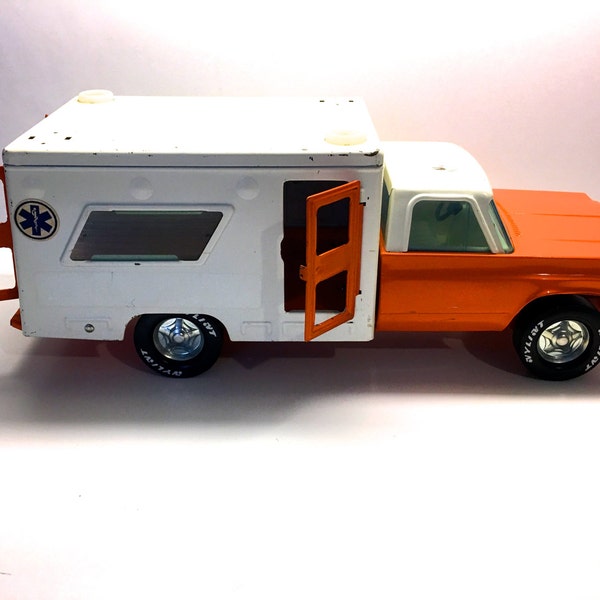 Vintage Nylint Rescue Vehicle, Large Orange and White Van, EMS Van, Ambulance Toy - Pressed Steel - 15 1/2" Long.