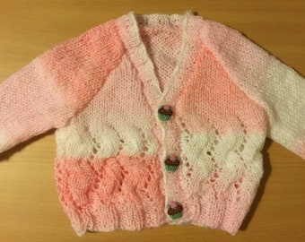 Hand Knitted Baby girls cardigan in a pink and white yarn 3-6 Months 20” Chest