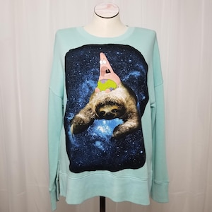 Upcycled "Galactic Patrick" Aqua Spongebob Crew Neck Sweatshirt - Feminine Style, Size XL