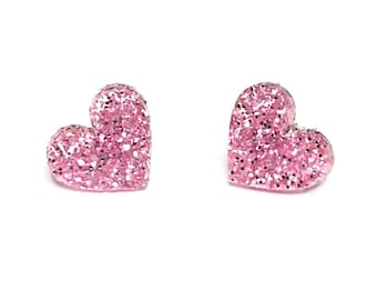 Herz-Ohrstecker in hellem Rosa Sparkle Glitter Acryl, Herz-Ohrstecker 14 mm, Ohrringe für Valentinstag, jeden Tag, schlicht, romantisch, Geschenk für Sie
