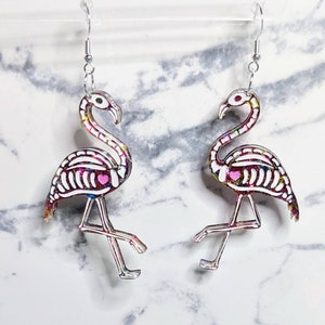 Glitter Pink Flamingo Skeleton Dangle Earrings, Halloween, Cute Spooky, Whimsical Fun Earrings