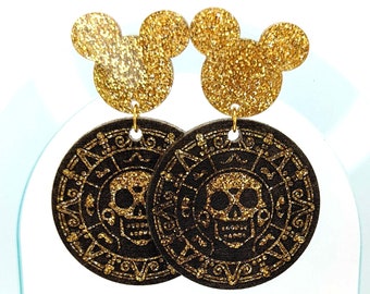 Pirate Coin on a Large Gold Glitter Sparkle Acrylic Mouse Head Stud 1 in by .75 in Statement Dangle Earrings, Disney-Inspired, Disney, DCL