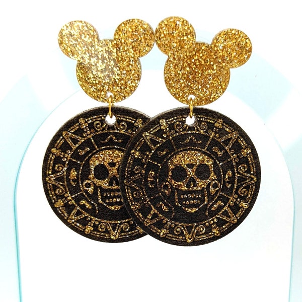 Pirate Coin on a Large Gold Glitter Sparkle Acrylic Mouse Head Stud 1 in by .75 in Statement Dangle Earrings, Disney-Inspired, Disney, DCL
