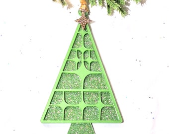 Retro Christmas Tree Ornament in Metallic and Glitter Green Glitter Acrylic, Mid Century Modern Christmas, MCM Holiday Vintage Ornaments