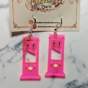 Mini Neon Pink Guillotines Earrings in Fluorescent Acrylic, Guillotine Dangle Earrings, Pink Halloween, Witchy, Spooky Scary, Ew Valentine