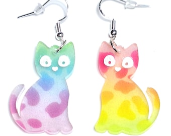 Cute Cat Dangles in Pastel Rainbow Animal Print Acrylic, Whimsical Cat Earrings, Pride Earrings, LGBTQ+ Earrings, Rainbow Cats