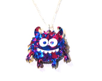 Purple Glitter Silly Monster Pendant Necklace in Purple Chunky Glitter, Retro, Vaporwave, Halloween, Cute Spooky, Whimsical Fun Earrings