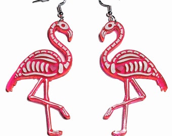 Neon Pink Flamingo Skeleton Dangle Earrings, Halloween, Cute Spooky, Whimsical Fun, Retro Earrings, Vaporwave Earrings, Goth Earrings