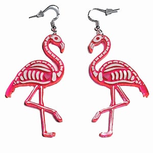 Neon Pink Flamingo Skeleton Dangle Earrings, Halloween, Cute Spooky, Whimsical Fun, Retro Earrings, Vaporwave Earrings, Goth Earrings
