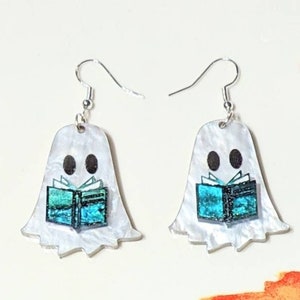 Cute Ghosts with Book Dangle Earrings, White Pearlescent Ghost & Teal Glitter Swirl Acrylic, BookTok, Literary Jewelry Book Ghost