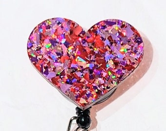 Red and Pink Chunky Glitter Heart Retractable Black Badge Reel, Valentine&#39;s Day Badge Reel, Heart Badge Reel, Sparkling Heart