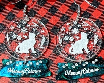 Meowy Catmas Glitter Sparkle Snow Globe Dangle Earrings, Christmas Earrings, Cat Earrings, Snow Globes, Cat Lover Gift, Pet Parent Gift