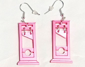 Mini Metallic Hot Pink Guillotines Earrings in Metallic Pink Acrylic, Guillotine Dangle Earrings, Spooky Scary, Pink Earrings, Ew Valentine