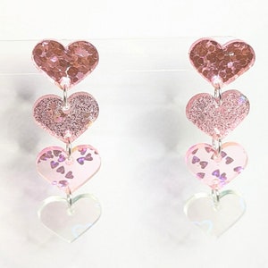 Stacked Pink Ombre Glitter Hearts Stud Dangle Earrings in 4 different Acrylics, Valentine&#39;s Day Gift, Hearts & Love, Simplified Romantic