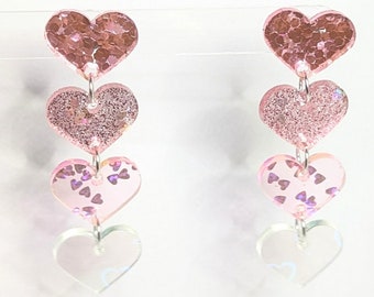 Stacked Pink Ombre Glitter Hearts Stud Dangle Earrings in 4 different Acrylics, Valentine&#39;s Day Gift, Hearts & Love, Simplified Romantic