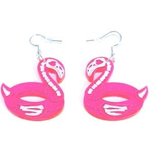 Neon Pink Flamingo Skeleton Floatie Dangle Earrings, Halloween, Cute Spooky, Whimsical Fun, Small Flamingo Floaty, Summerween, Goth Earrings