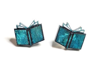 Mini Cute Book Stud Earrings in Glitter Swirl Acrylic, Young Girl Earrings, Whimsical Literary Earrings, Mini Book Bookish Jewelry