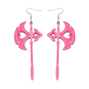 Castlecore Battleaxe Dangle Earrings in Hot Pink Metallic Acrylic, Edgy Fantasy Statement Earrings, Battle Ax Earrings, Romantasy Battleaxes