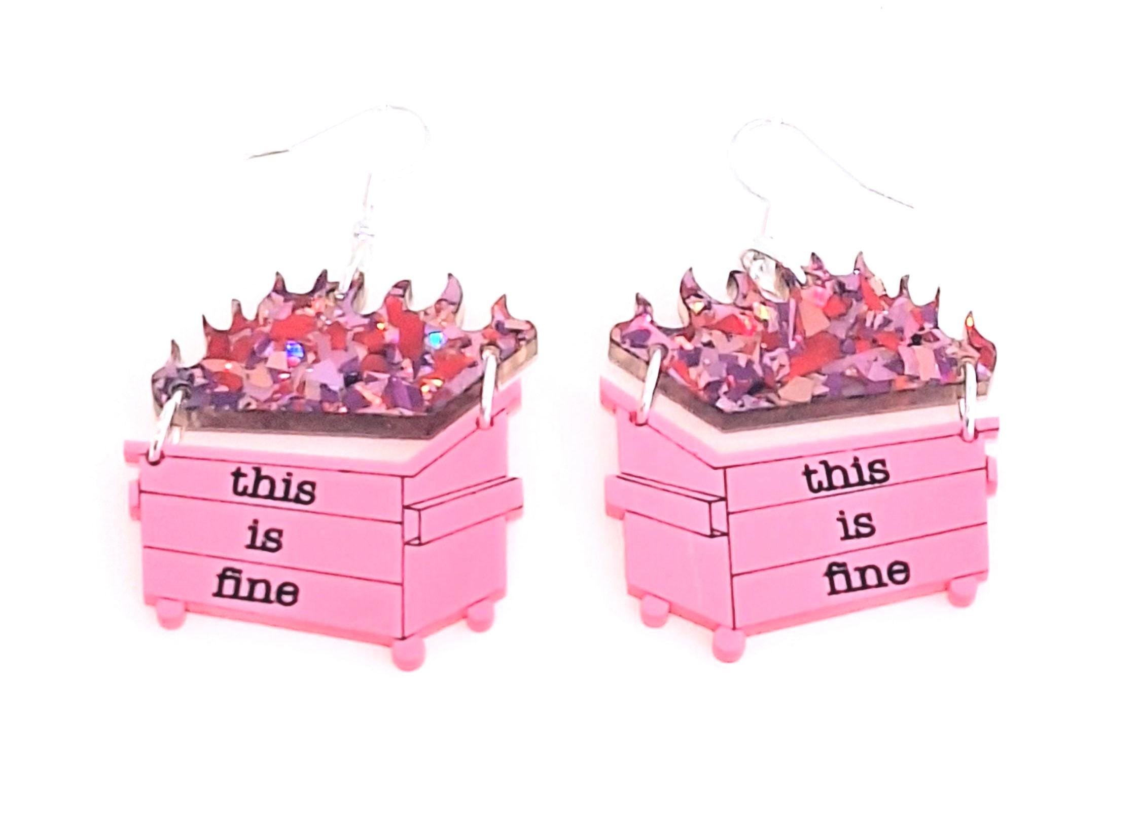 This is fine Hot Pink Glitter Dumpster Fire Dangle Earrings, Glitter Dumpster Fires, Sparkling Dumpster Fire Earring, Unhinged Humor