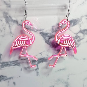 Neon Pink Flamingo Skeleton Dangle Earrings, Halloween, Cute Spooky, Whimsical Fun Earrings, Retro Earrings, Vaporwave Earrings