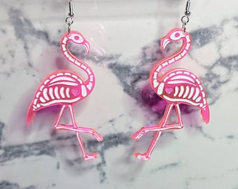 Neon Pink Flamingo Skeleton Dangle Earrings, Halloween, Cute Spooky, Whimsical Fun Earrings, Retro Earrings, Vaporwave Earrings