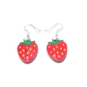 Fruit Earring, Cute Spring Strawberry Lightweight Dangle Earrings in Red Marble Acrylic, Acrylic Earrings, Food Earrings,Summer Strawberries
