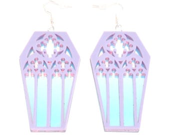 Castlecore Purple Pastel Goth Gothic Window Coffin Earrings, Coffin Dangle Earrings, Whimsigoth, Lightweight, Summerween, Spooky Cute