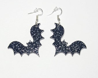Large Acrylic Bat Dangle Earrings in Black Sparkle Glitter, Spooky Earrings, Bats, Halloween, Whimsical