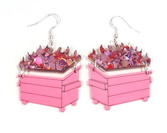 Hot Pink Glitter Dumpster Fire Dangle Earrings, Glitter Dumpster Fires, Sparkling Dumpster Fire Earrings, Unhinged Whimsical Humor Earrings